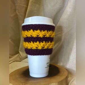 Crochet coffee cozy purple and gold for small to medium coffee or tea cup
